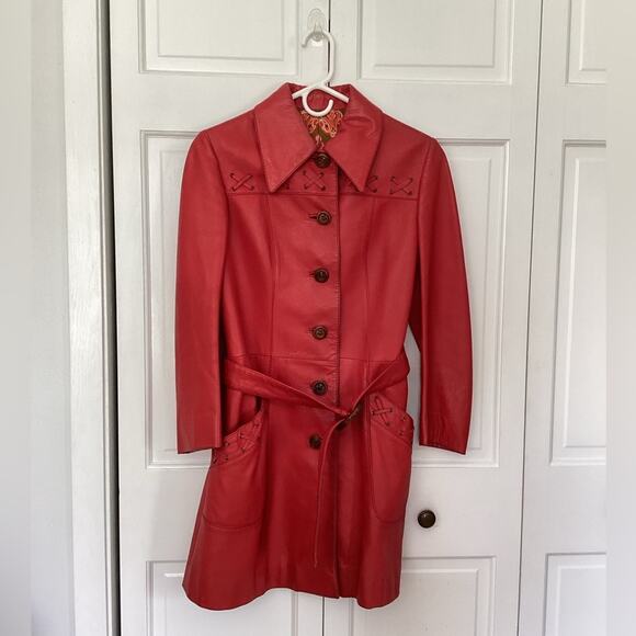 VTG 70s LEDA SPAIN by GROPPER Red 100% Leather Trench Retro Jacket 12 - Picture 3 of 10